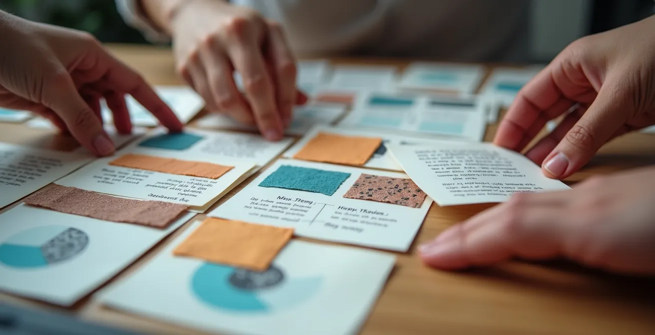 Close-up macro shot of hands arranging workflow cards on a surface with visible textures and patterns