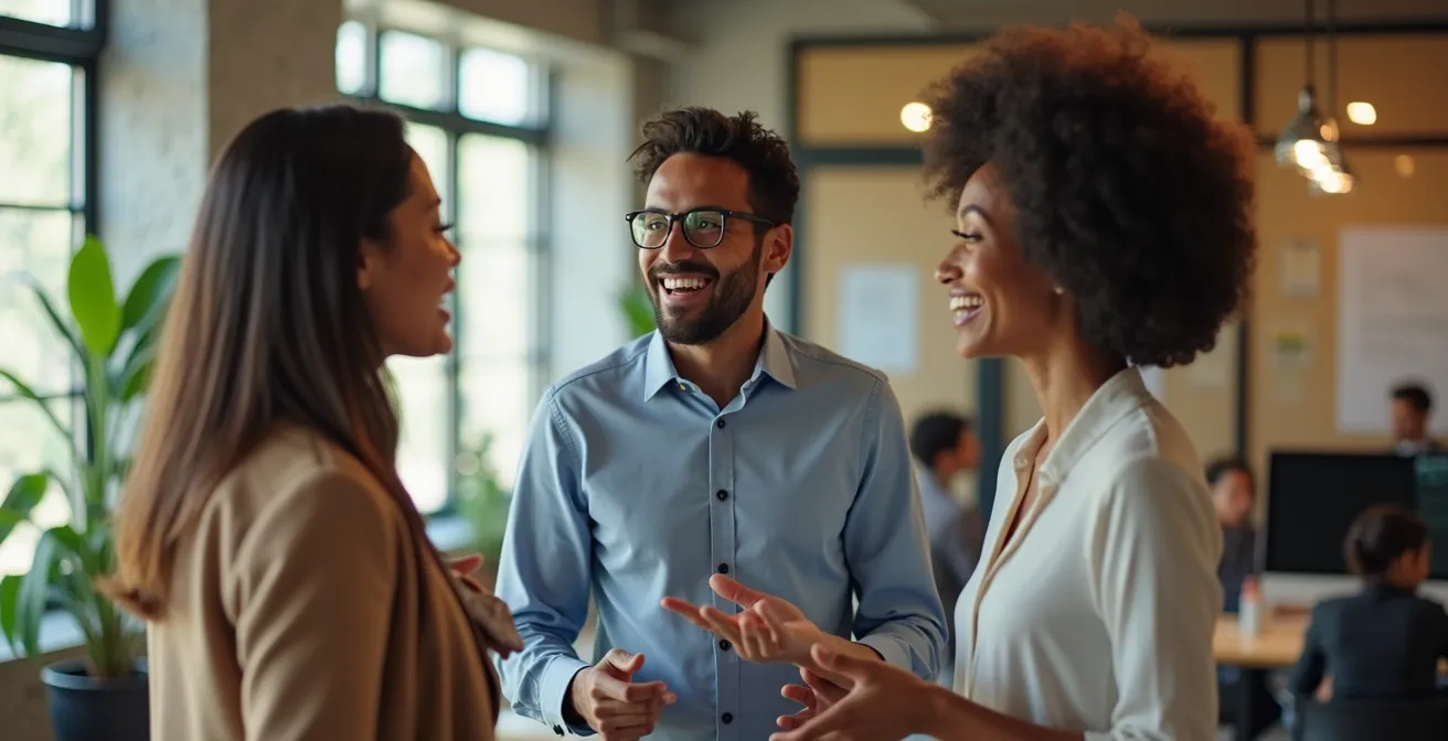 Employees collaborating in open workspace showcasing authentic company culture