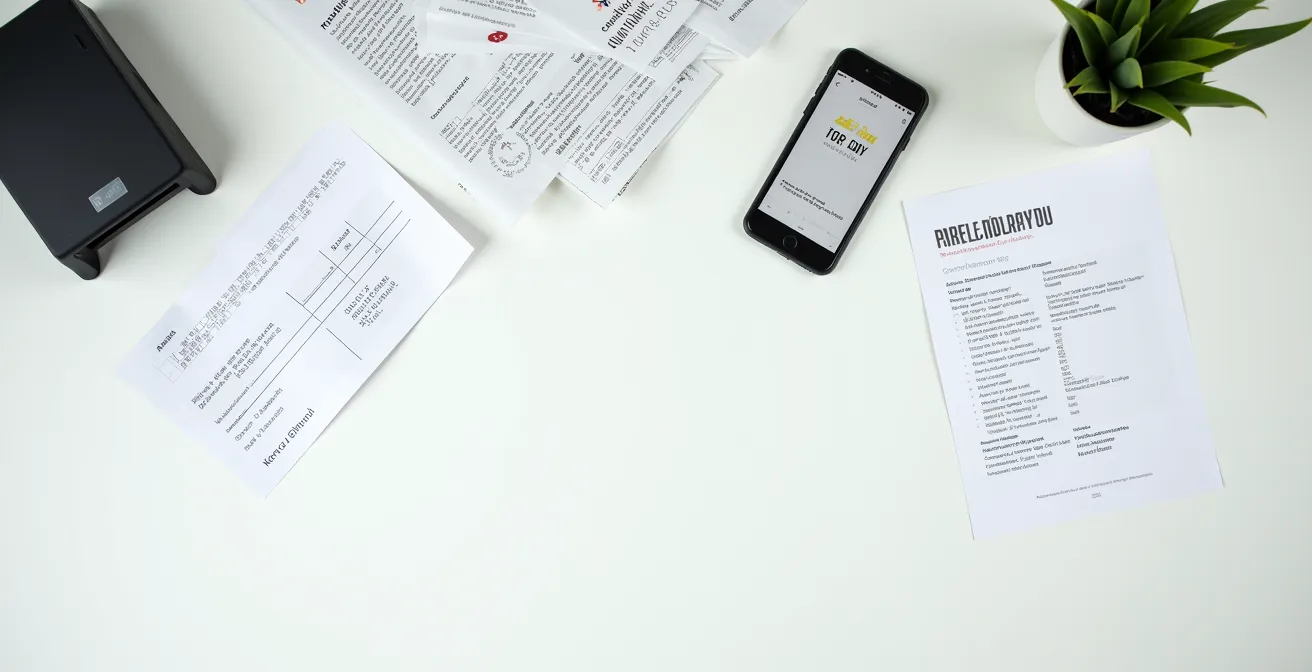 Systematic workflow showing bank reconciliation steps on a clean desk with statements and a phone.