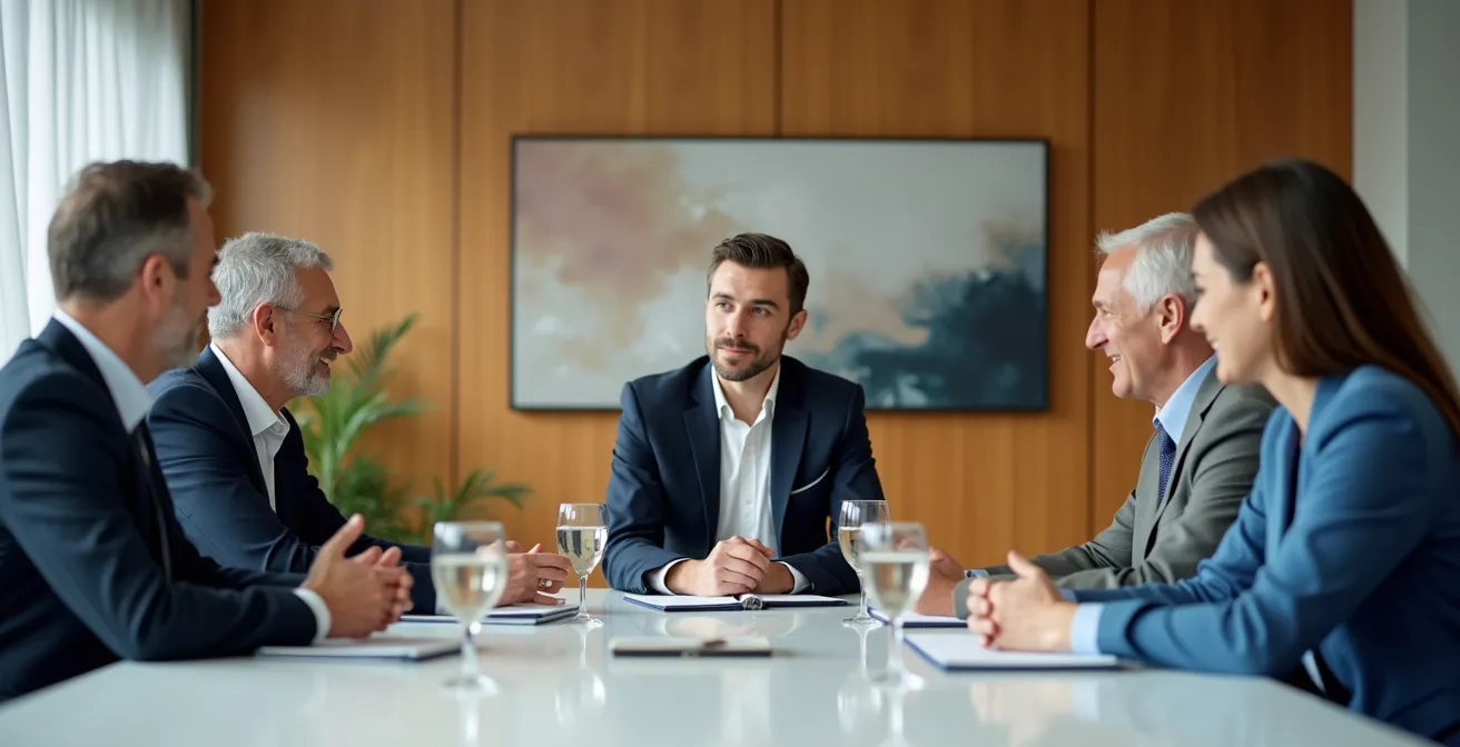 Multiple senior executives mentoring a high-potential employee in a collaborative setting