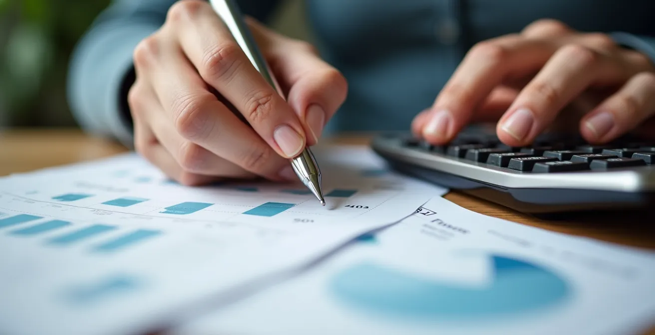 Entrepreneur studying financial calendar and cash flow charts in office
