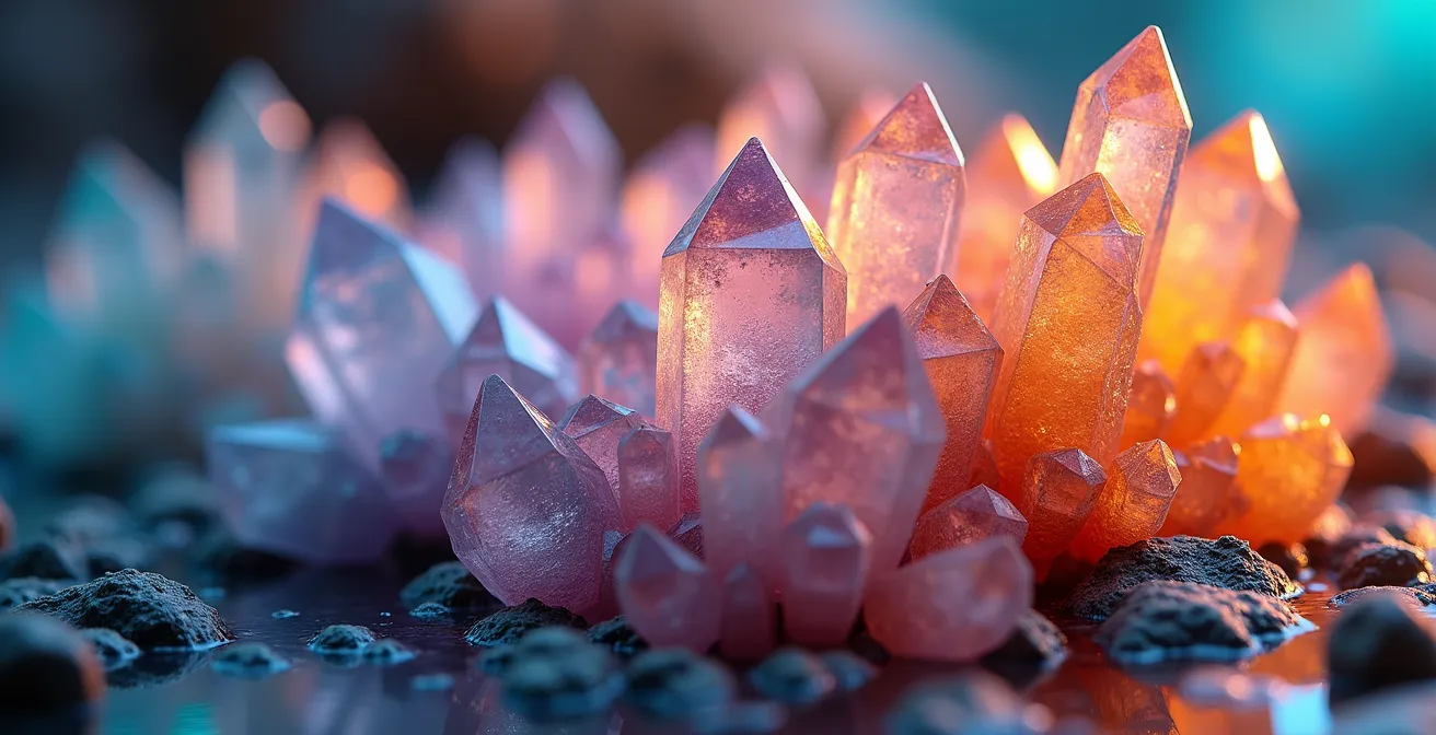 Multi-layered abstract visualization of customer cohort performance over time, represented by crystalline structures.