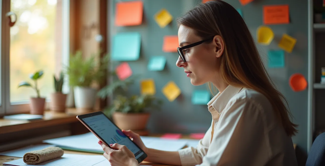 Modern content creation workspace with analytics dashboard showing European market engagement metrics