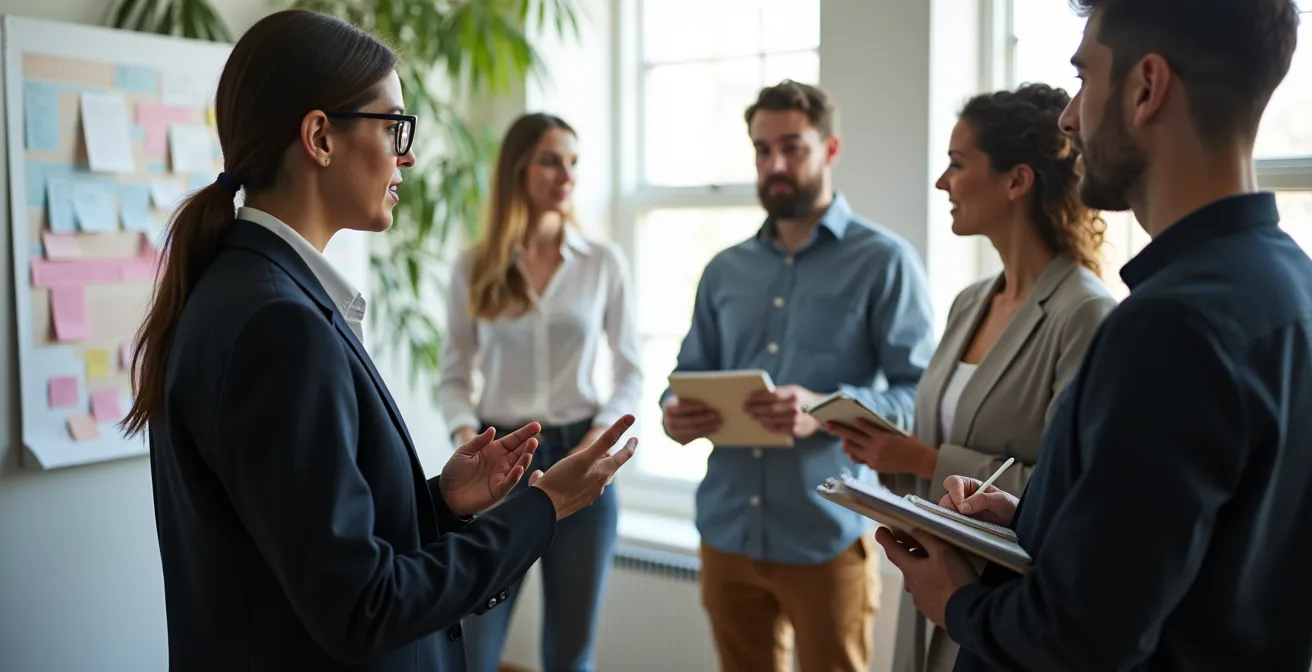 Team conducting a focused 15-minute stand-up meeting near a task board