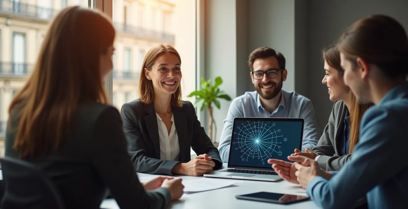 Wide shot of European cityscape with digital overlay representing virtual market presence