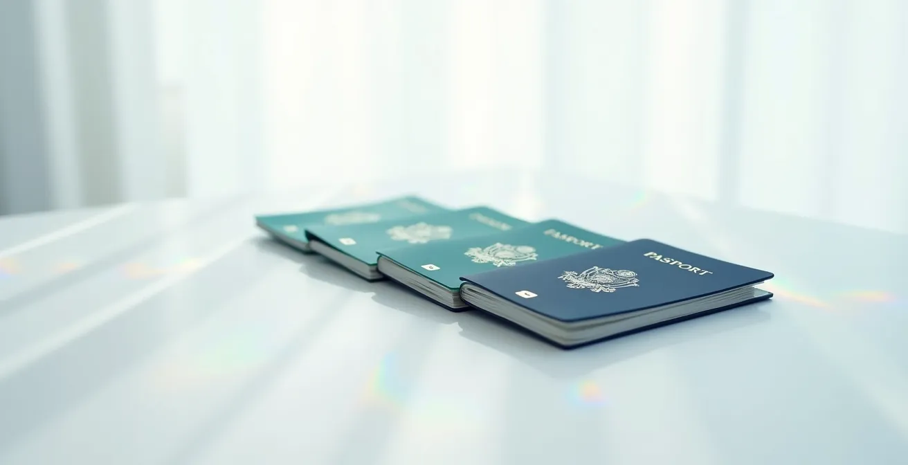 Multiple passport documents arranged in organized pattern with digital verification symbols and secure connection indicators