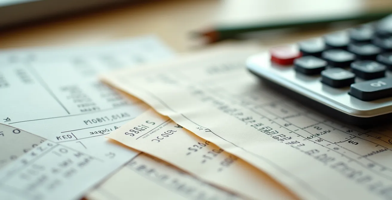 Macro shot of business receipts and calculator for expense tracking