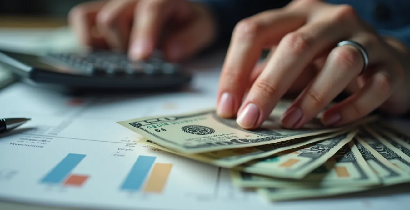Two professionals conducting financial audit at desk with calculator and documents