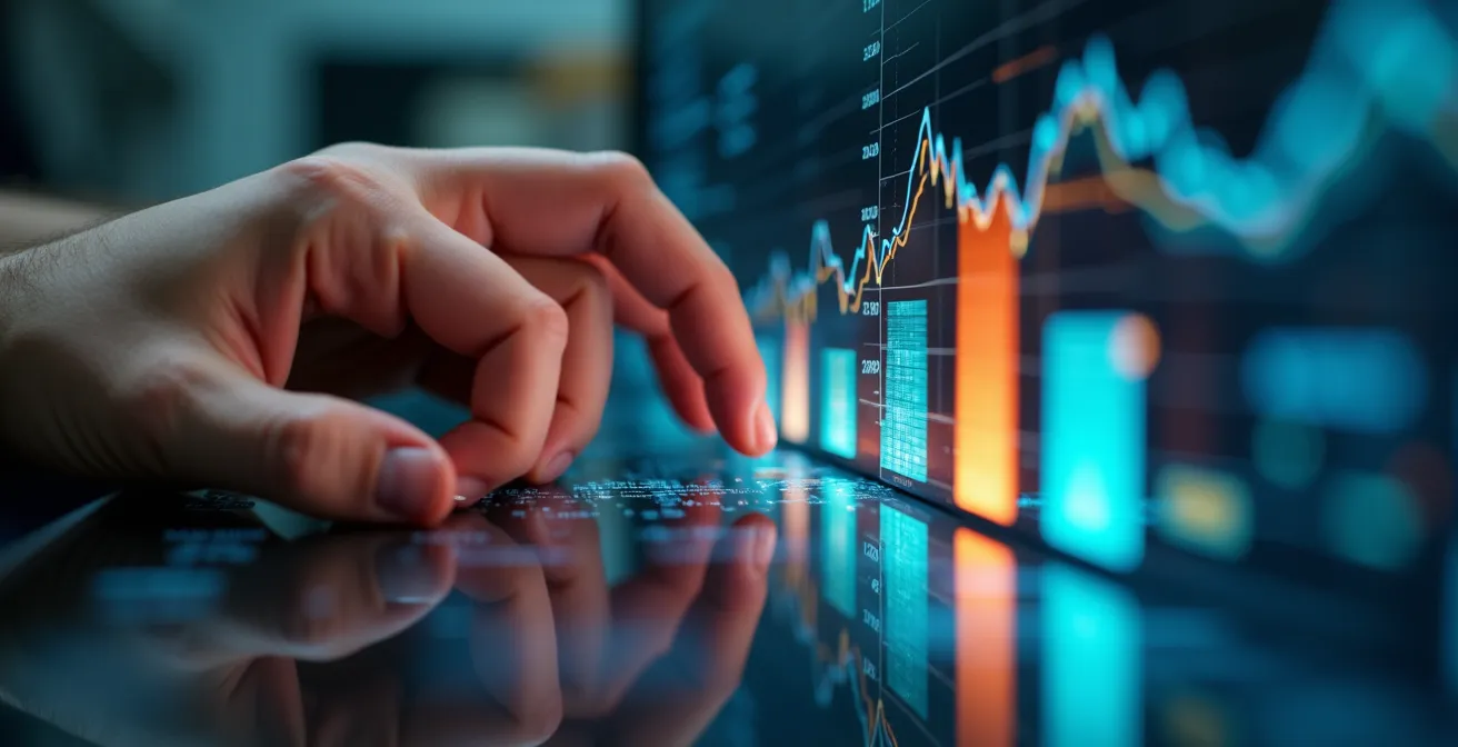 Close-up of hands analyzing recruitment cost metrics on abstract financial displays
