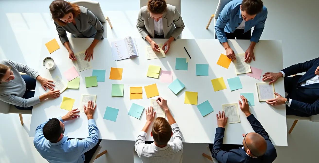 Aerial view of team members gathered around large table with colorful planning materials and calendar layouts
