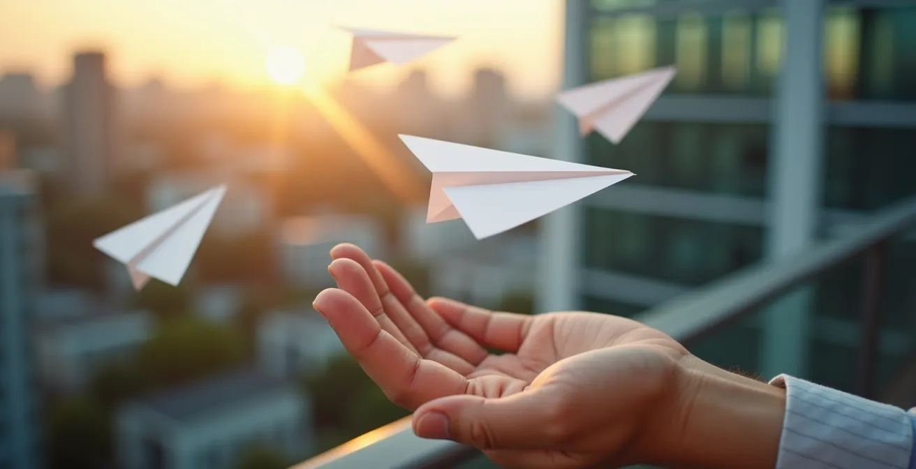Close-up of hands releasing paper airplanes into wind with blurred office background