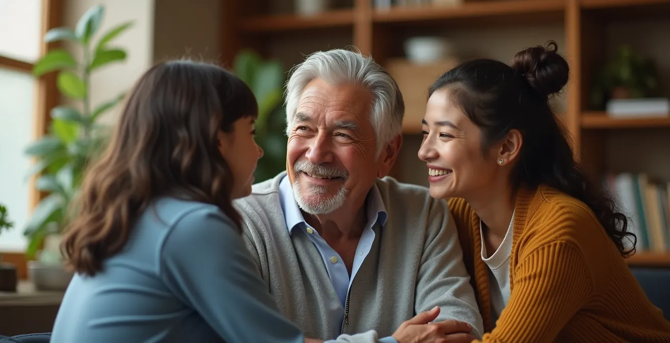 Three generations of family members in a professional discussion, symbolizing the transfer of a business legacy.