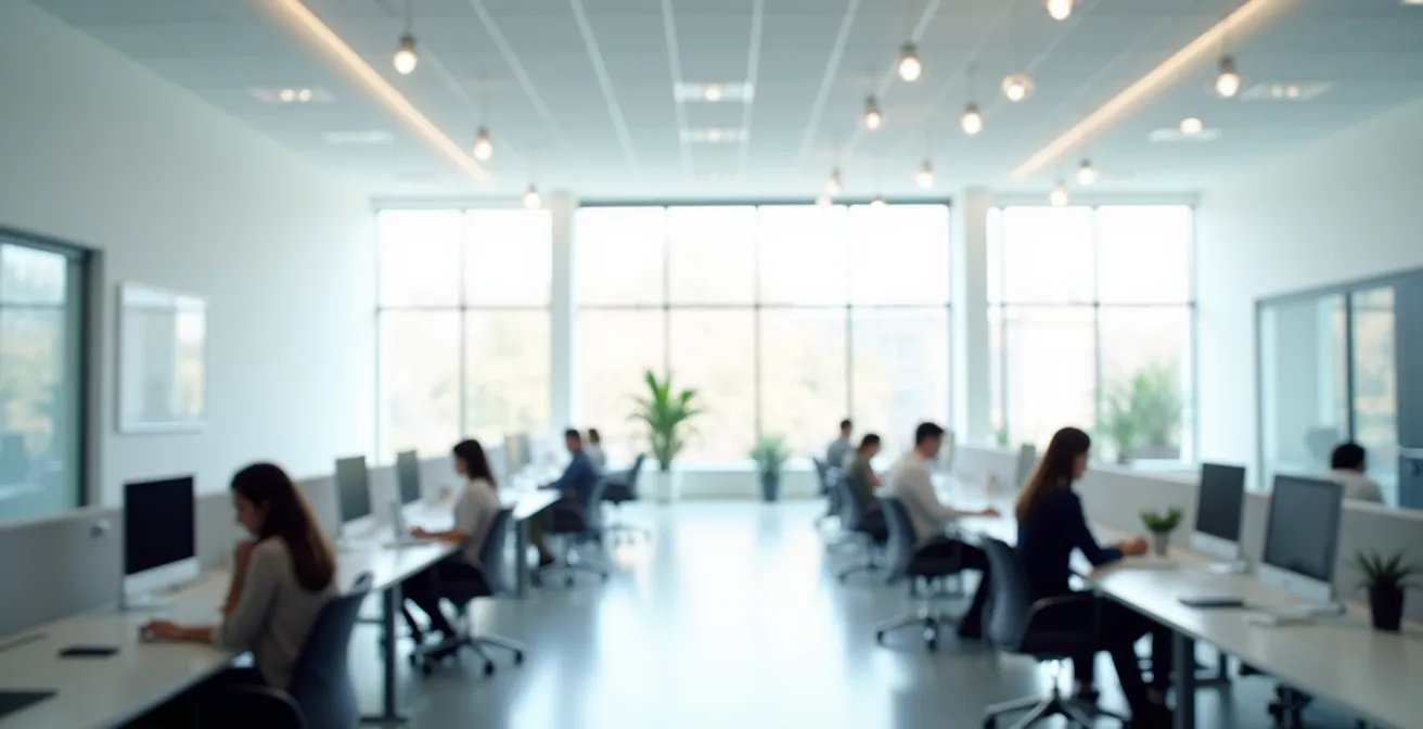Wide angle view of modern office with employees working independently
