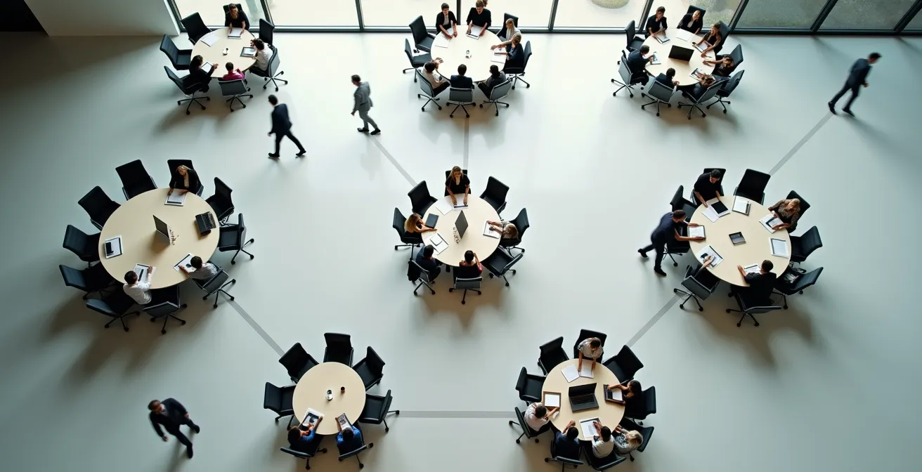 Aerial view of interconnected circular team clusters in modern open office