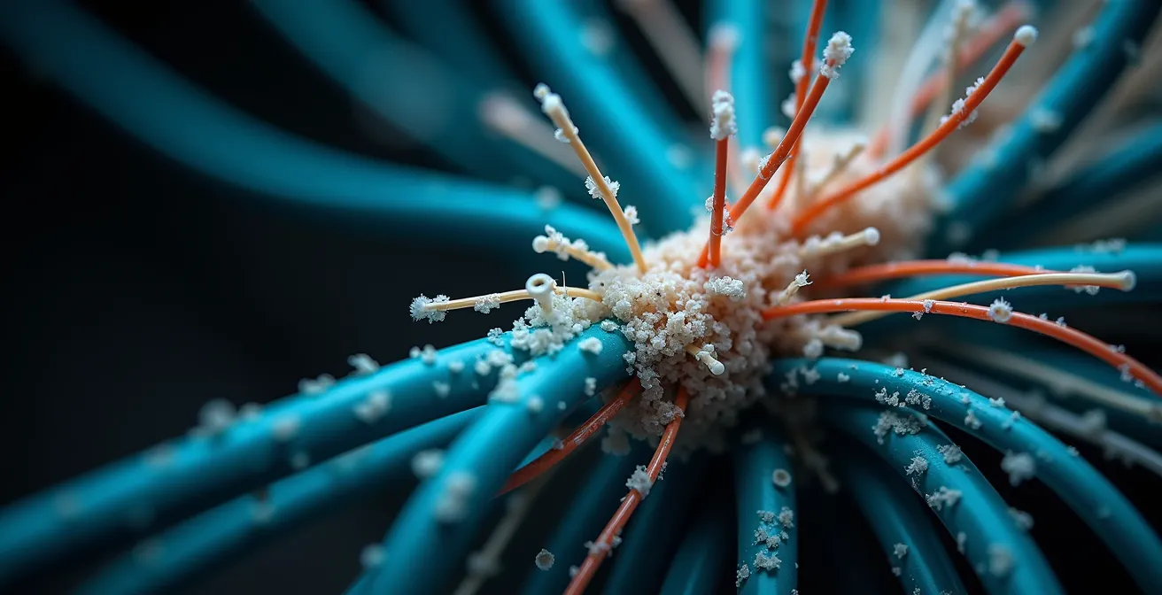Close-up macro shot of tangled network cables representing over-optimization complexity