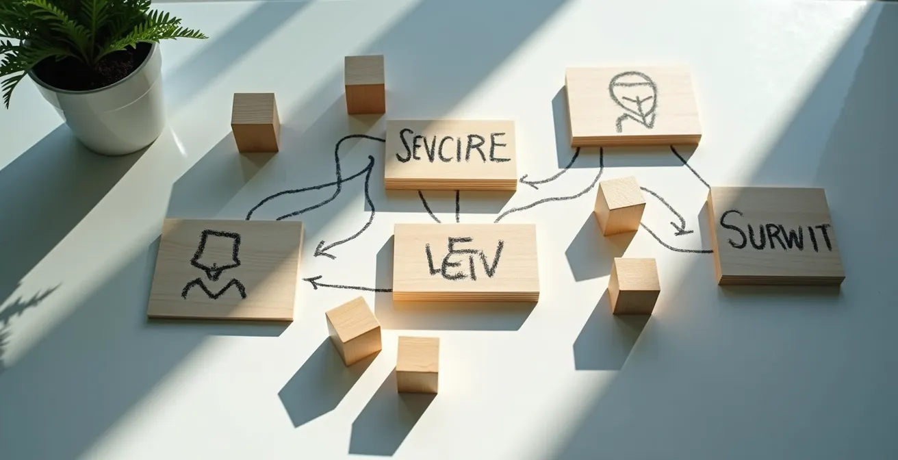 Close-up of entrepreneur's hands arranging service package cards on a minimal desk, symbolizing the creation of a productized service model for scaling without VC funding.