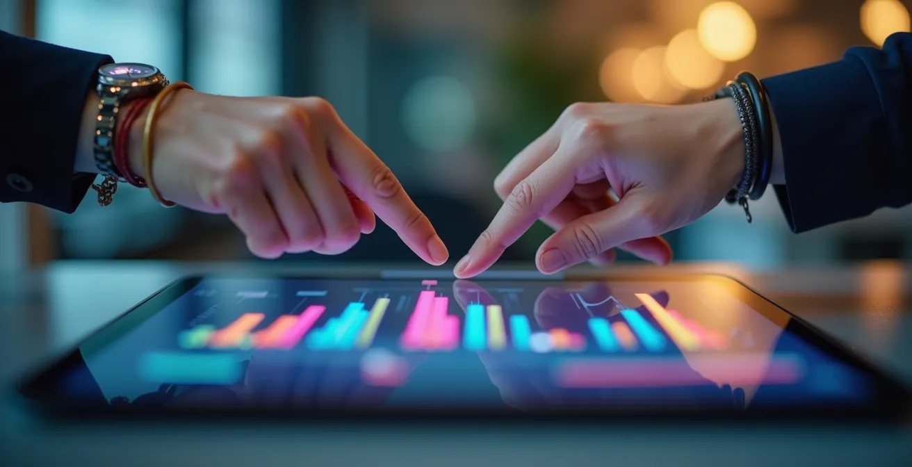 Sales and marketing professionals collaborating around shared dashboard