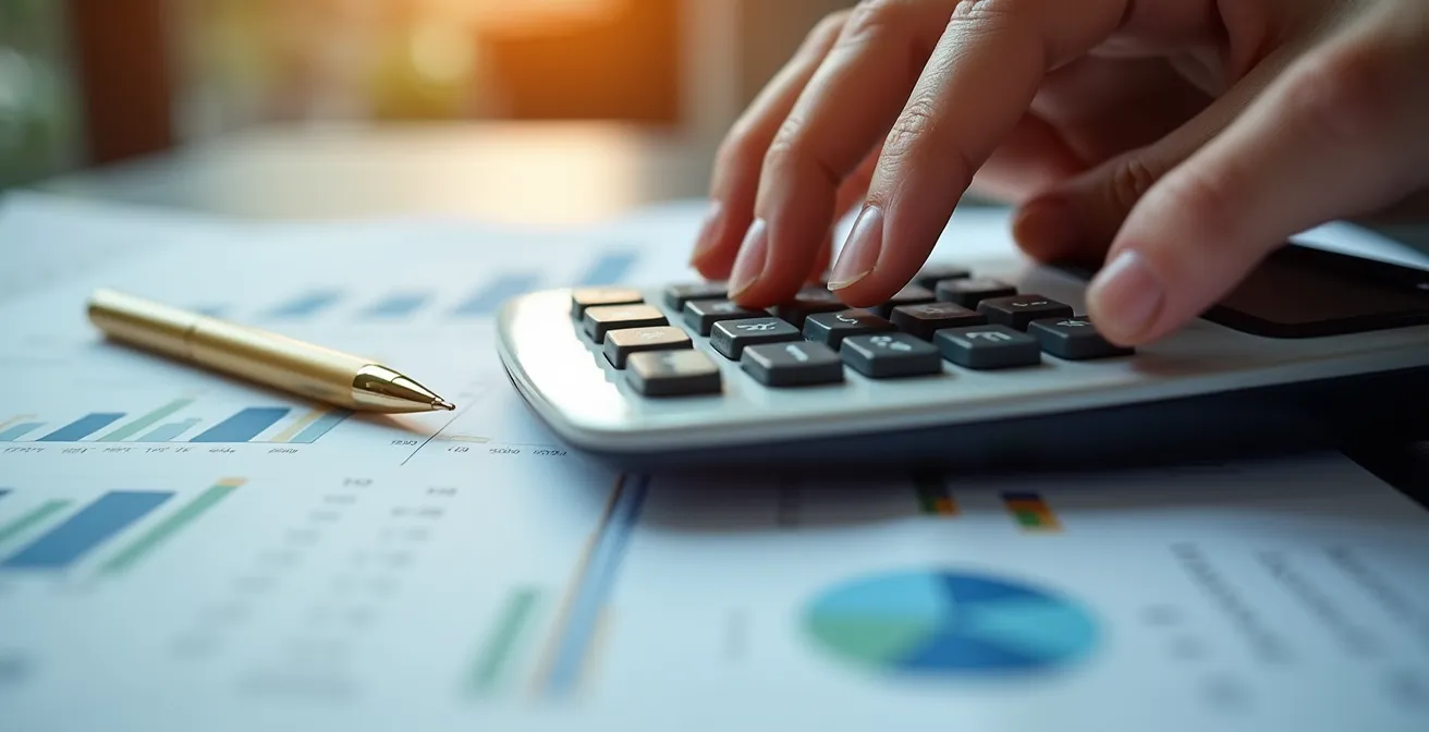 Financial analyst reviewing property expense reports with calculator and charts