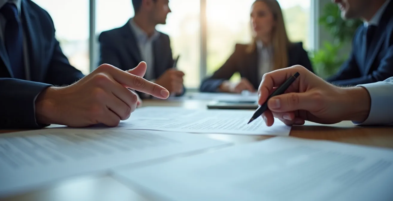 Business partners reviewing documents in a professional meeting setting, symbolizing the negotiation of a shareholders' agreement.