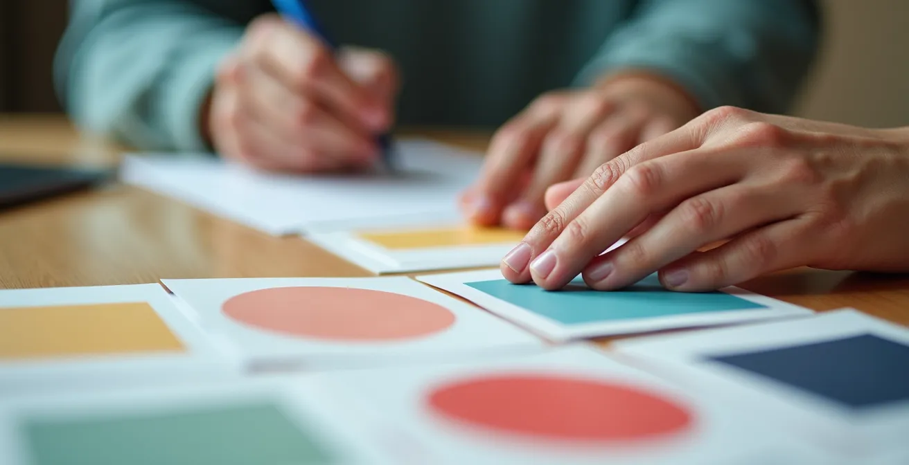 Macro shot of hands arranging colorful content cards on a workspace