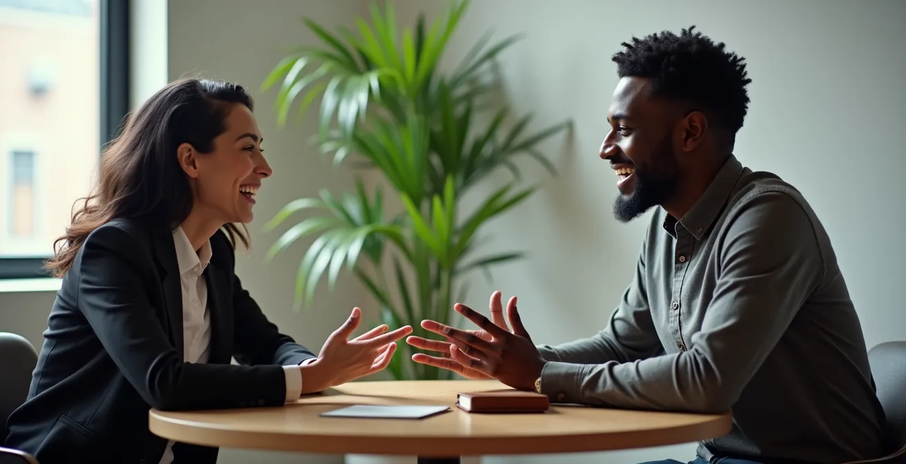 Manager and employee in collaborative stay interview discussion