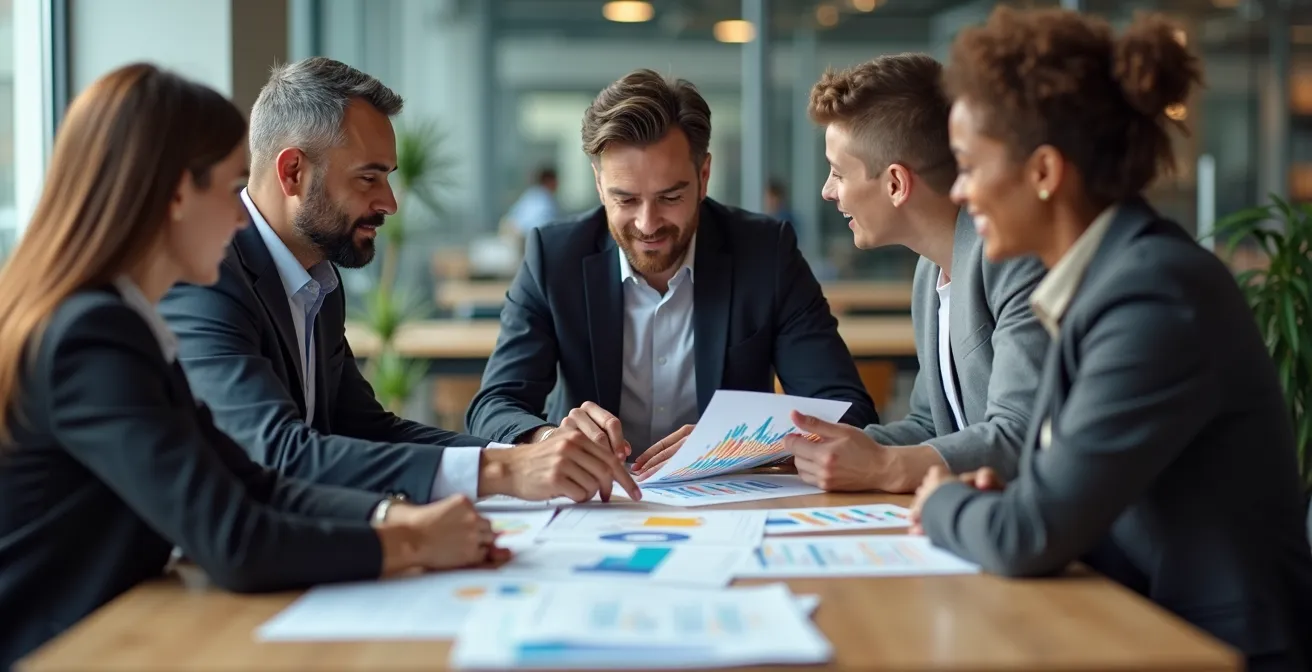 Business professionals reviewing supplier performance metrics in collaborative setting