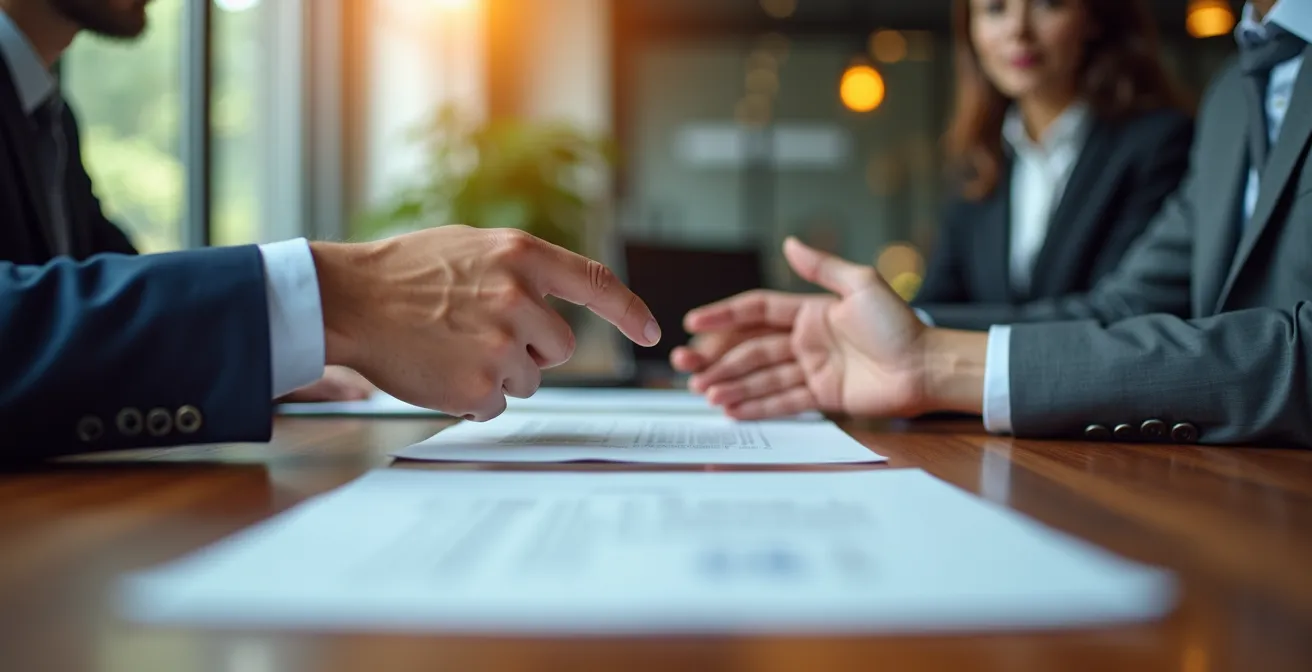 Business professionals in negotiation meeting with abstract contract visualization