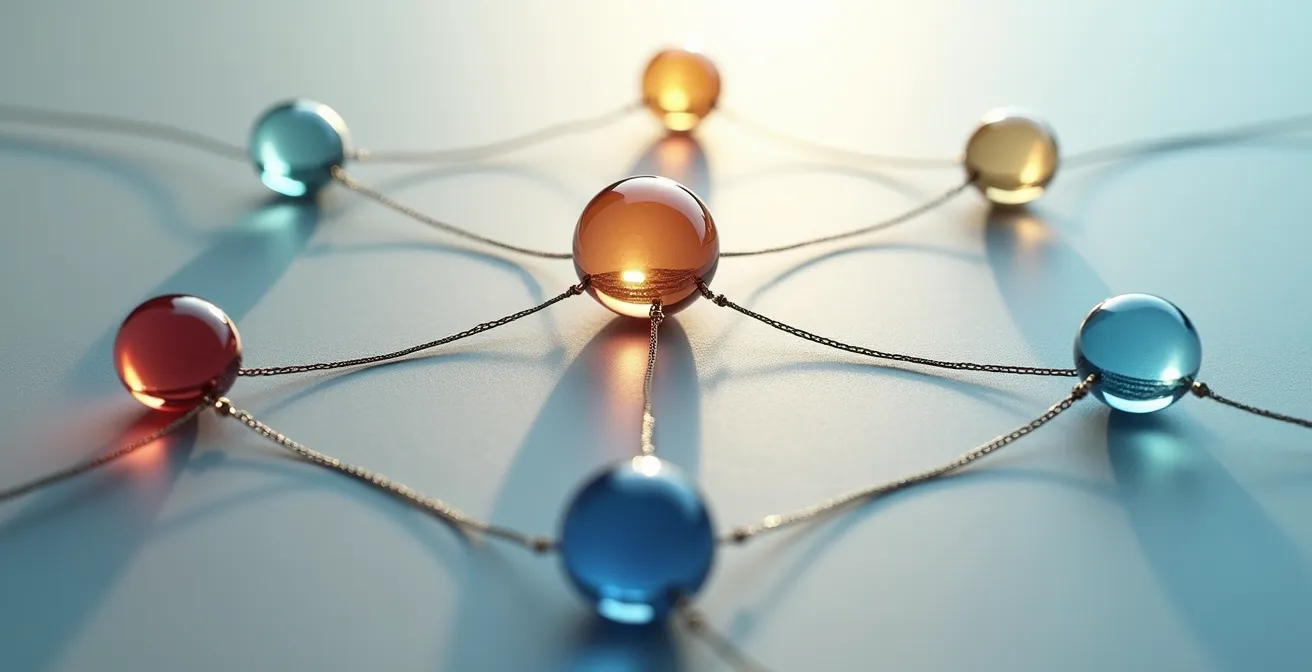 Aerial view of interconnected content nodes representing a topic cluster strategy