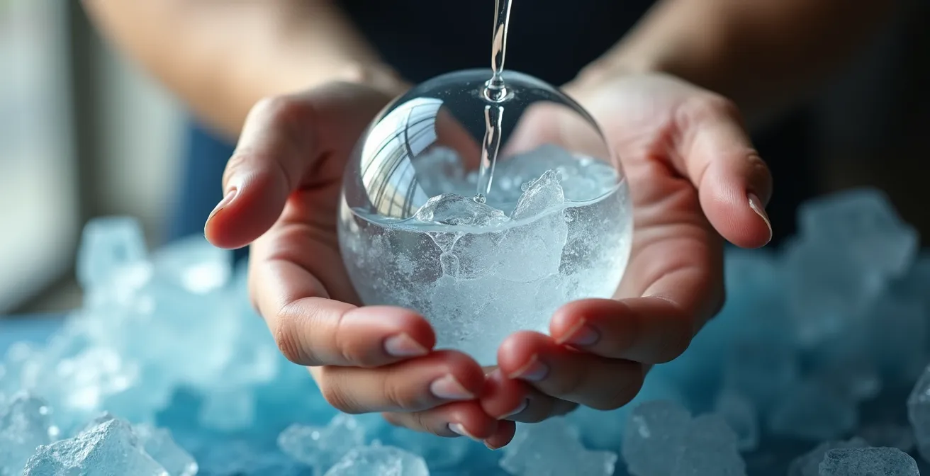 Abstract representation of cash flow blockage with human hands cupping a partially frozen sphere.