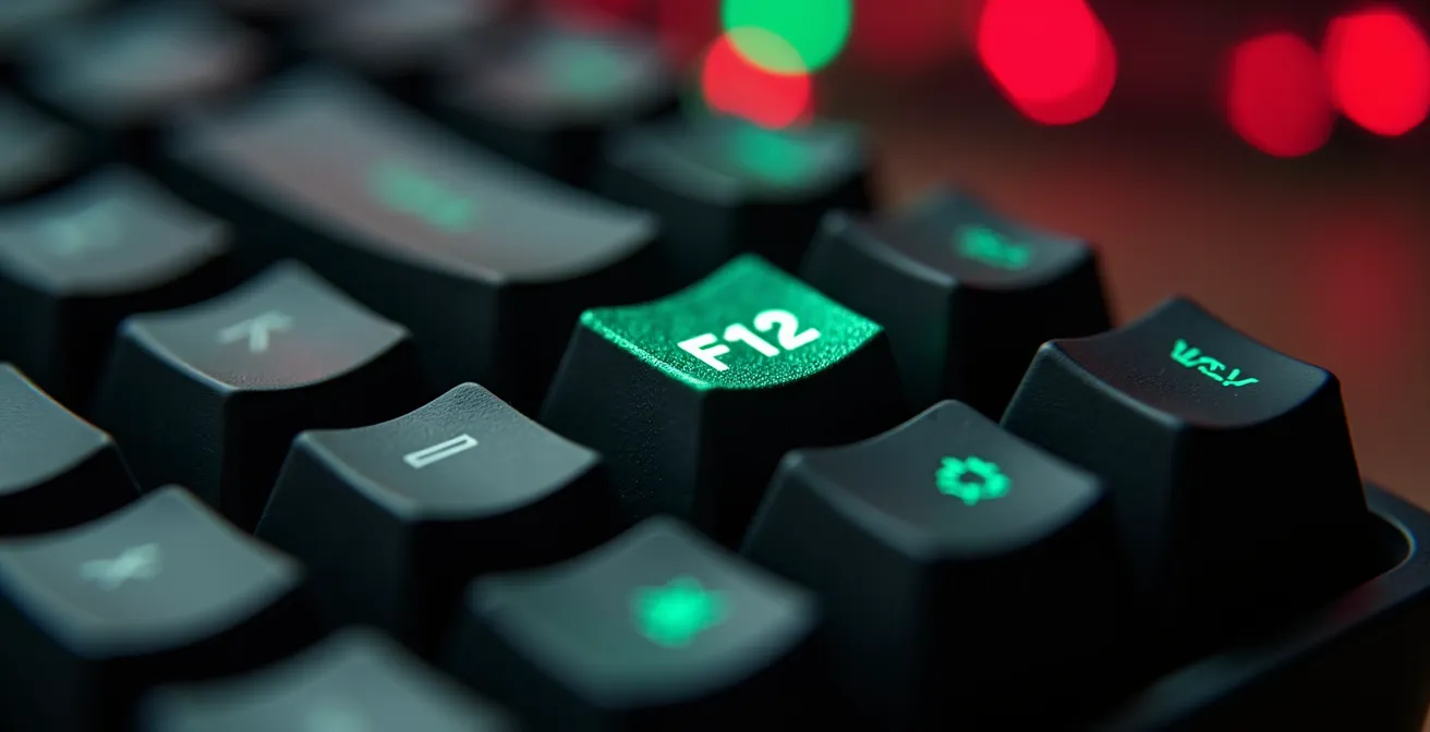 Macro close-up of computer keyboard F12 key with abstract error patterns and solution symbols in background