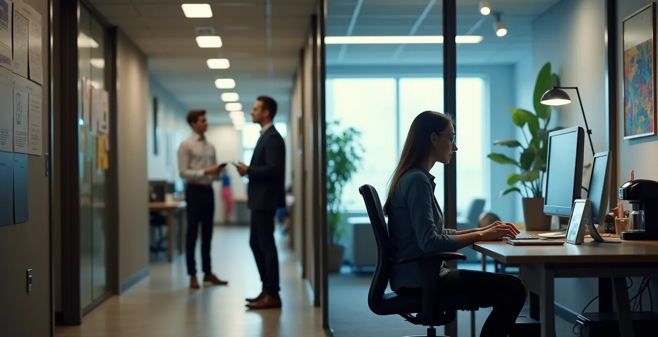 Split-screen composition showing office worker engaged in hallway conversation while remote worker works alone at home desk