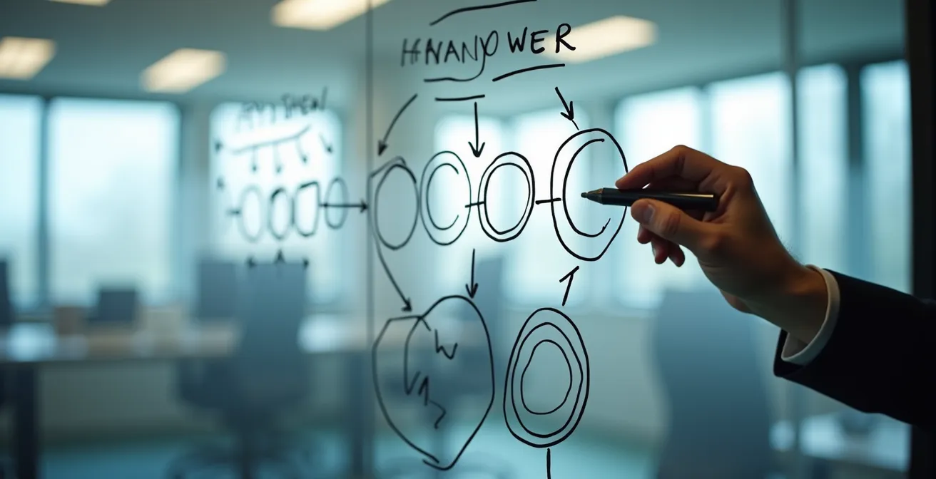 Business professional creating process flowchart on glass wall for audit documentation