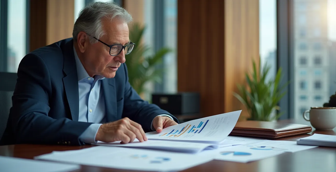 Executive reviewing professional business document with financial charts