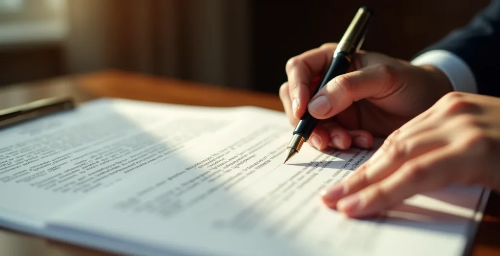 Business professional signing important lease documents in modern office setting